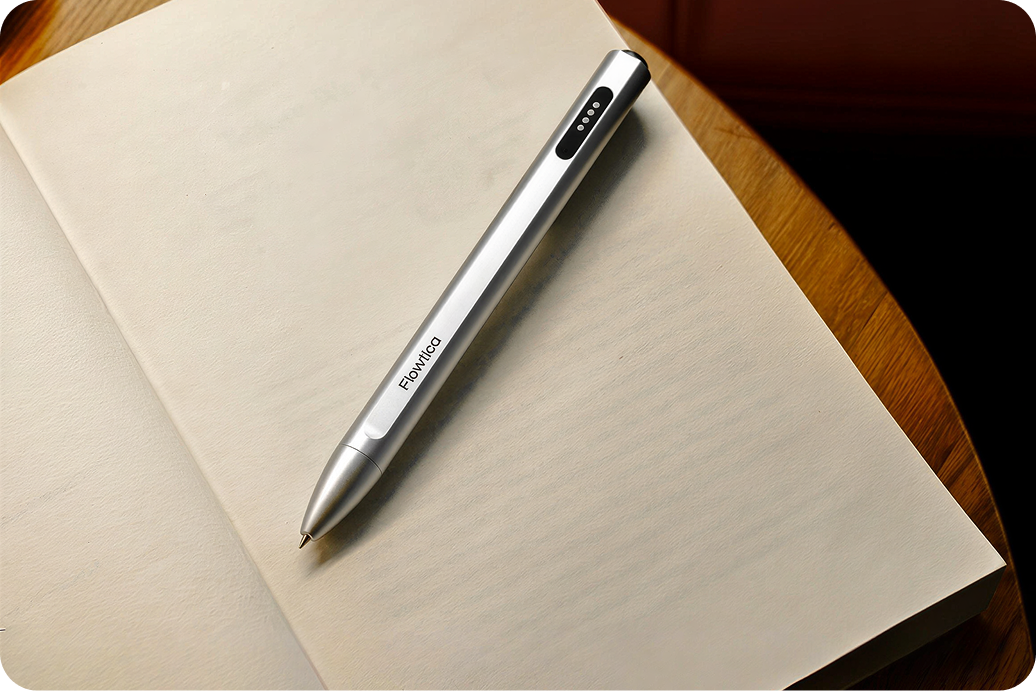 Flowtica Scribe pen on a notebook