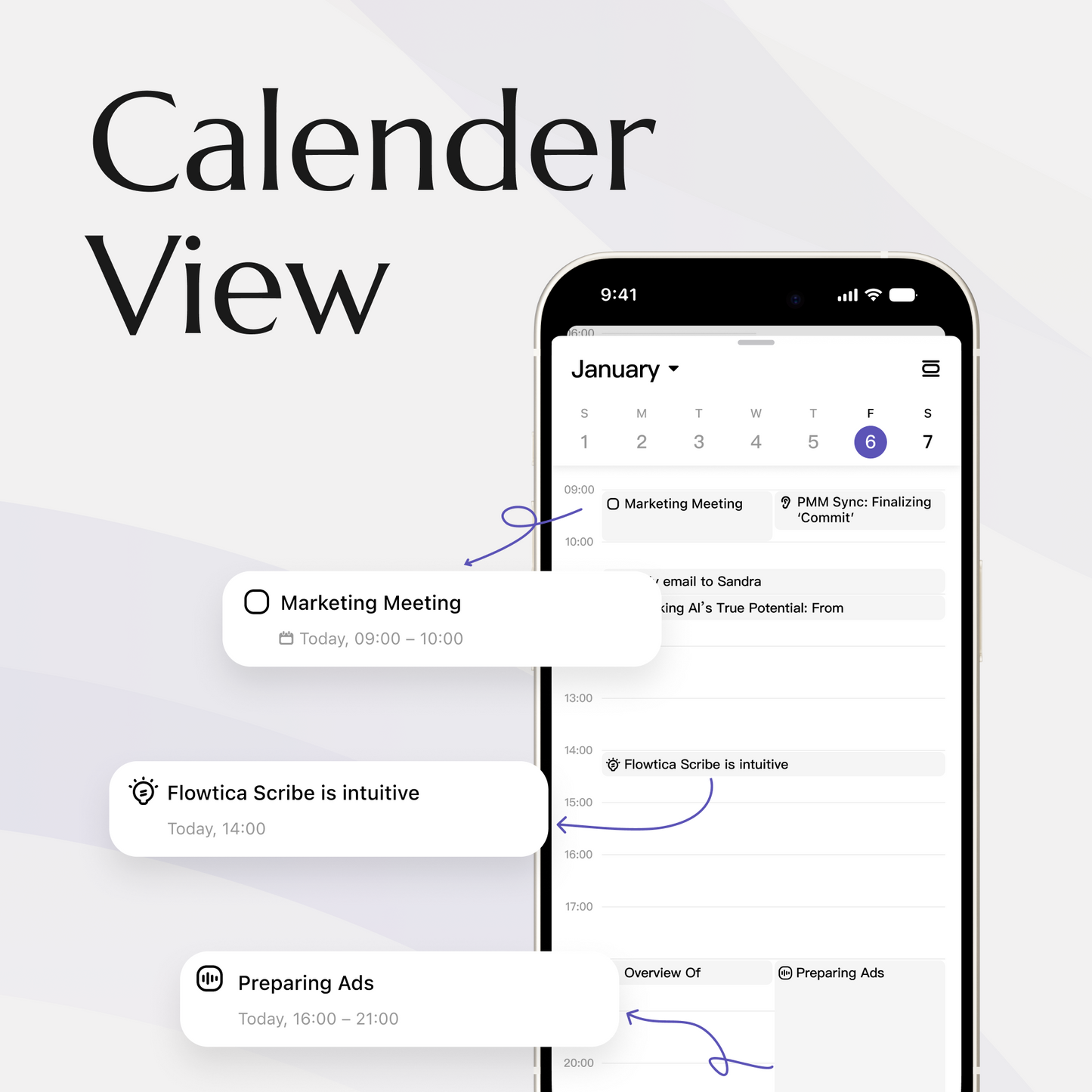 Flowtica app calendar view organizing meeting notes by date