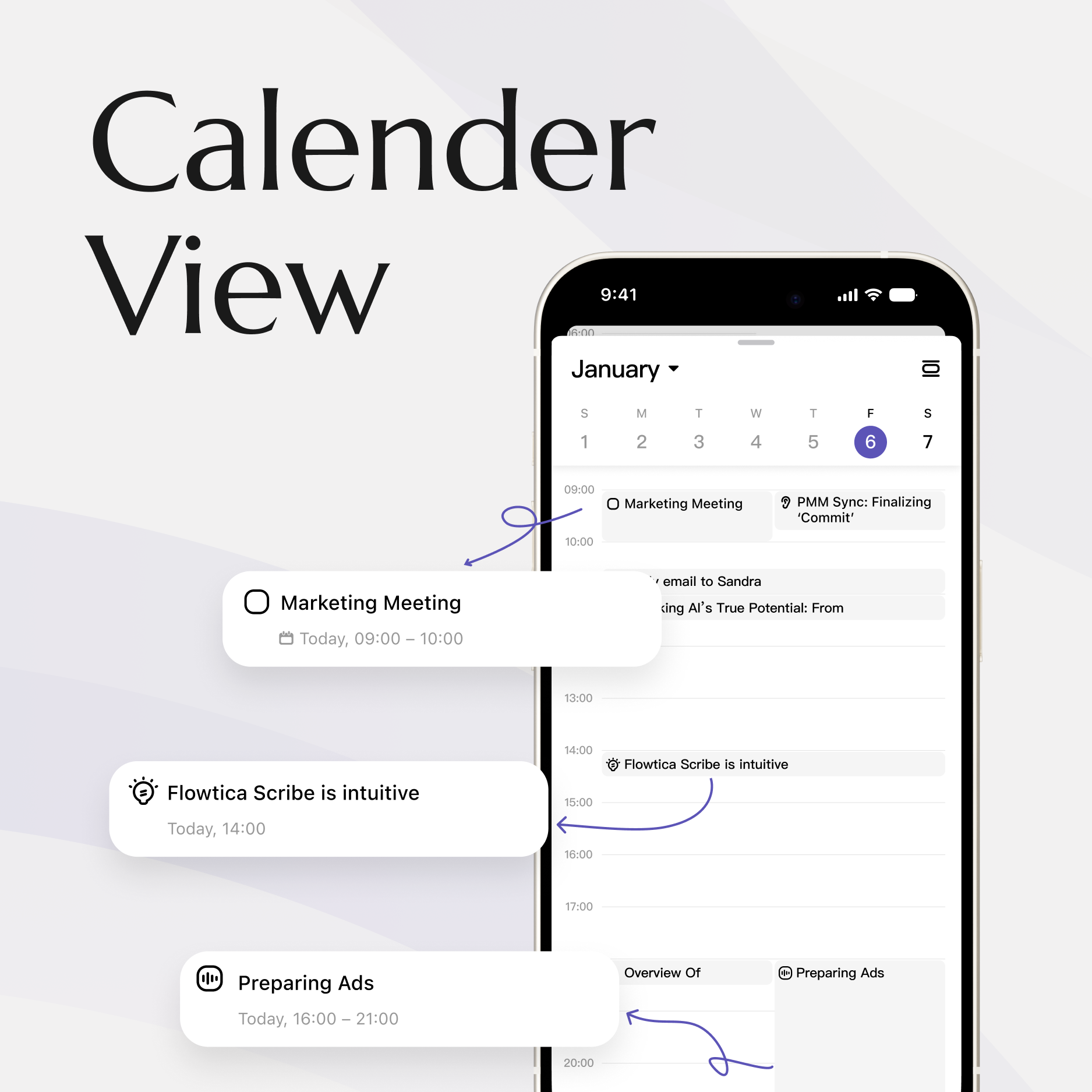 Flowtica app calendar view organizing meeting notes by date