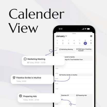 Flowtica app calendar view organizing meeting notes by date