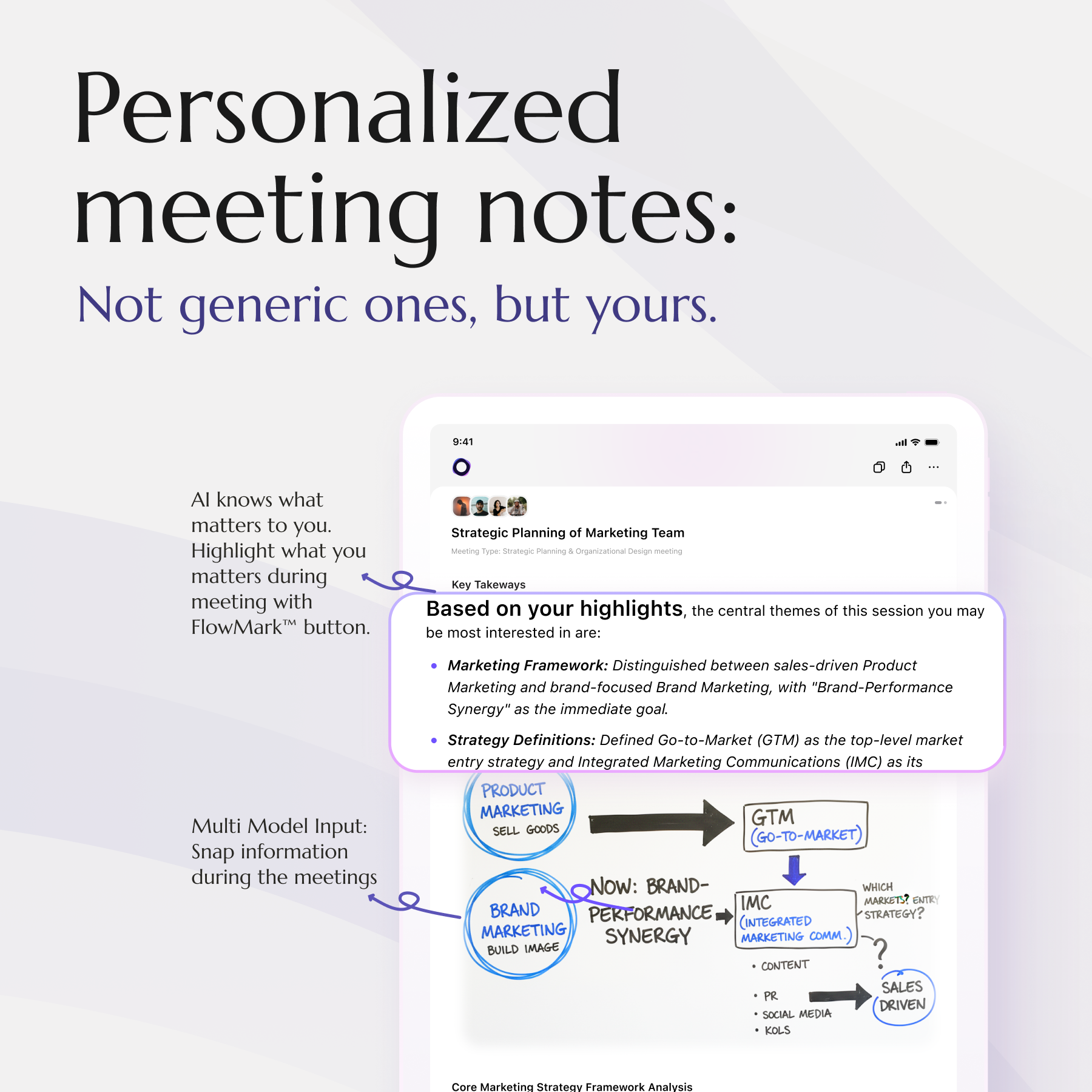 Flowtica app showing personalized AI meeting notes